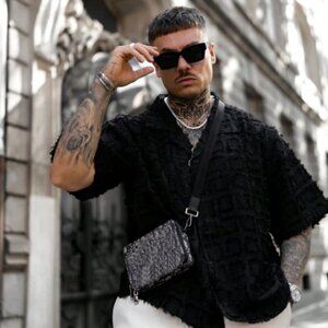 Black Short Sleeve Button Down Tassel Trim